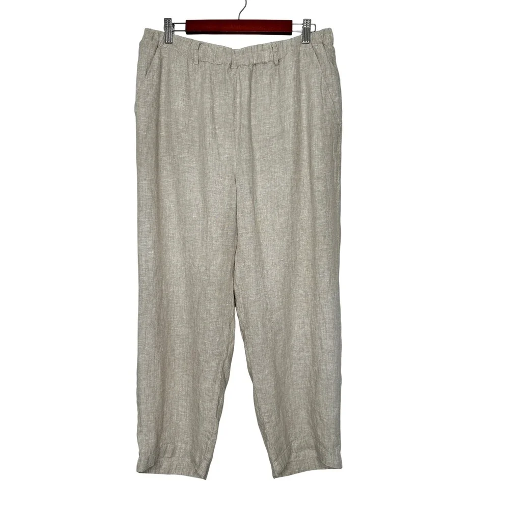 Quince Linen Pants Size L Oatmeal Beige Pull on Straight Leg Elastic Waist